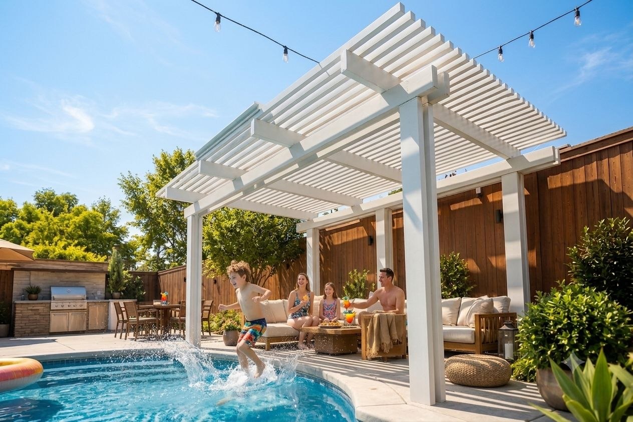 Custom aluminum patio cover shading a Sacramento, California backyard in daylight