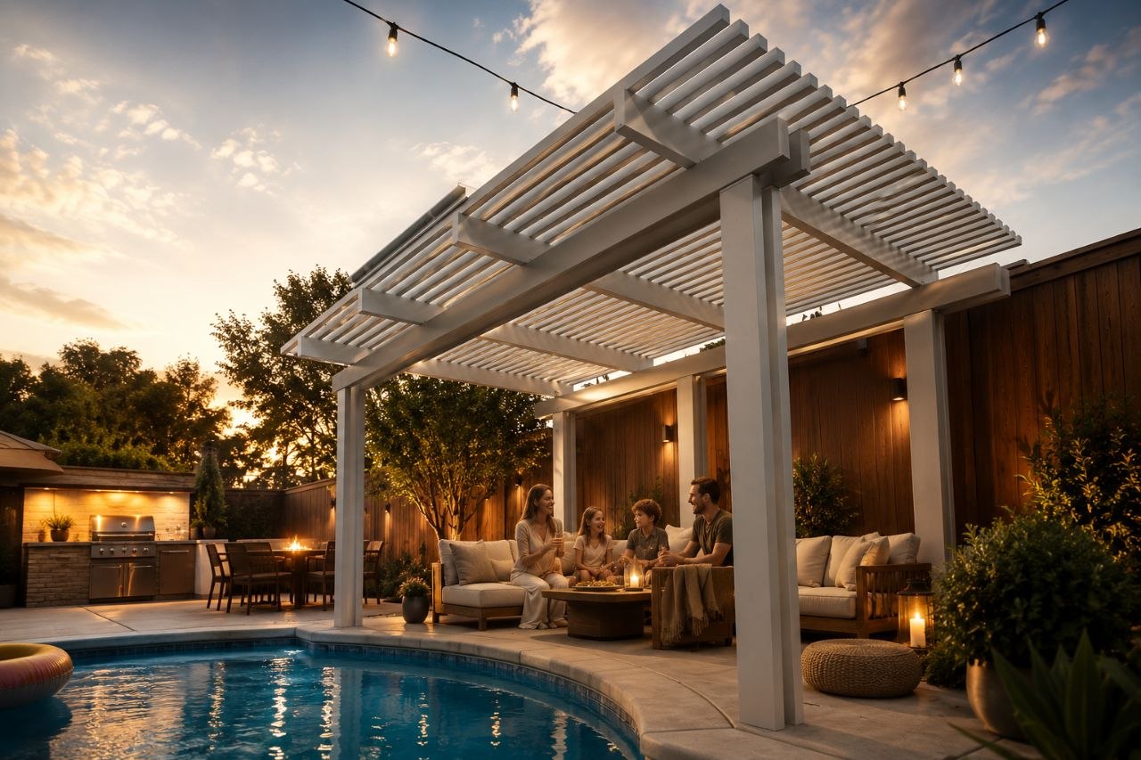 The same aluminum patio cover glowing with integrated LED lighting after dark
