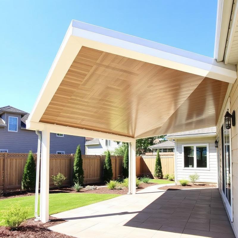 Clean modern Duralum aluminum patio cover with Weatherwood finish